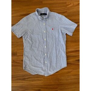 Ralph Lauren Mens Blue Gingham Short Sleeve Button Down Shirt Small Cotton